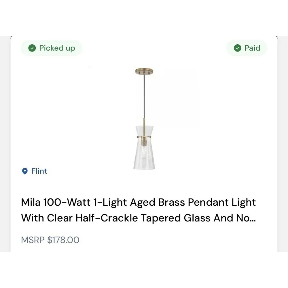 Capital Lighting Mila 1 Light Pendant, Aged Brass/Clear Half-Crackle - 342411AD